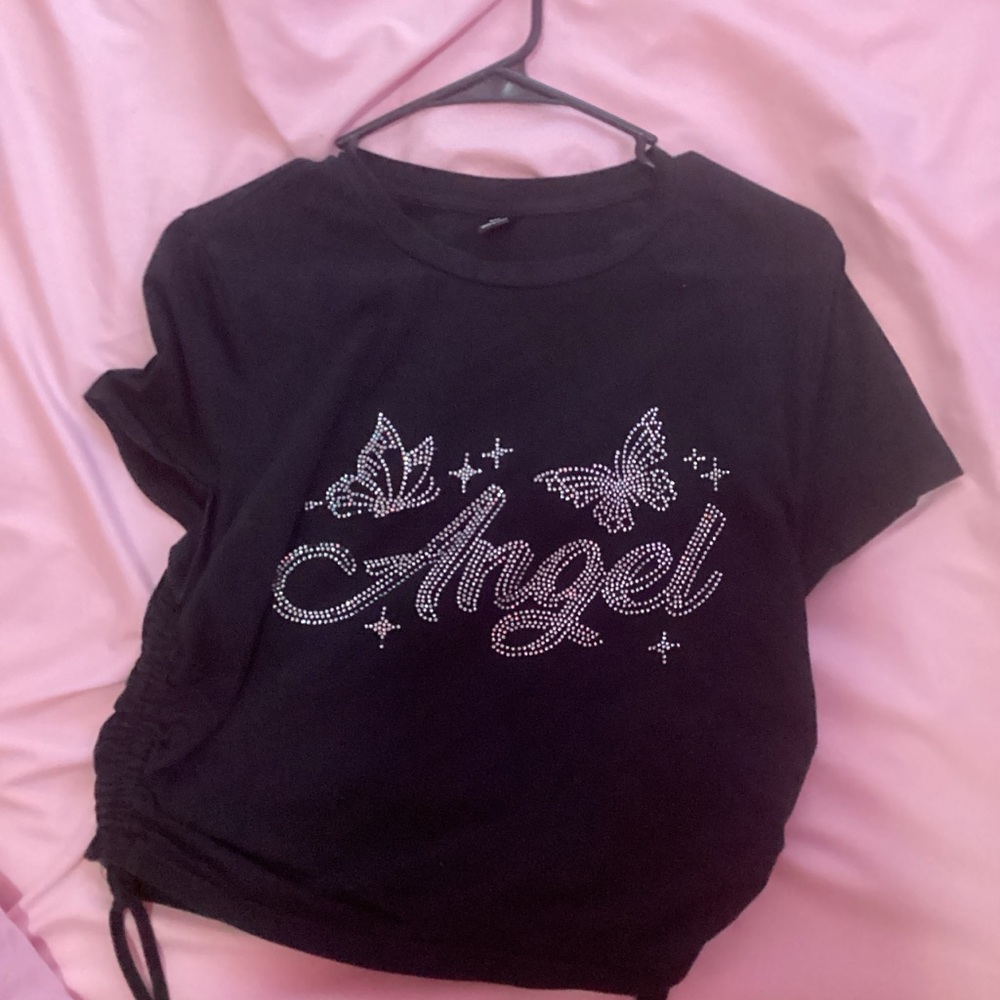 SHEIN Black Tee with Angel and Butterfly Design